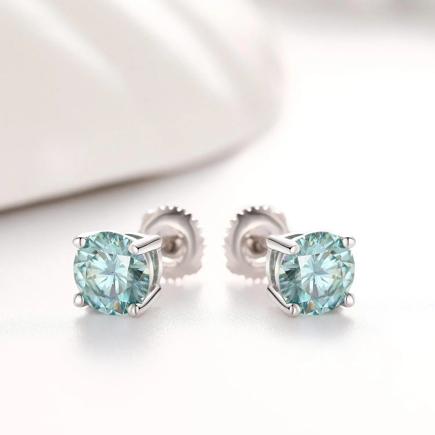 BLUE ROUND 1CT EARRINGS   - White Gold Vermeil - Image 2