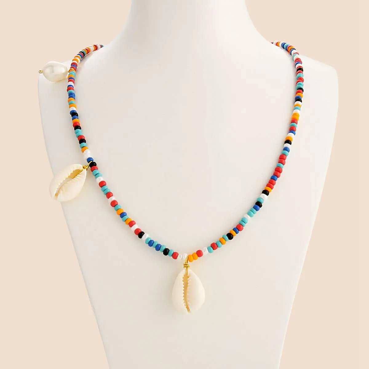Colorful Beaded Shell Necklace with Handmade Braided Pearl Rice Beads - Gold - Image 3