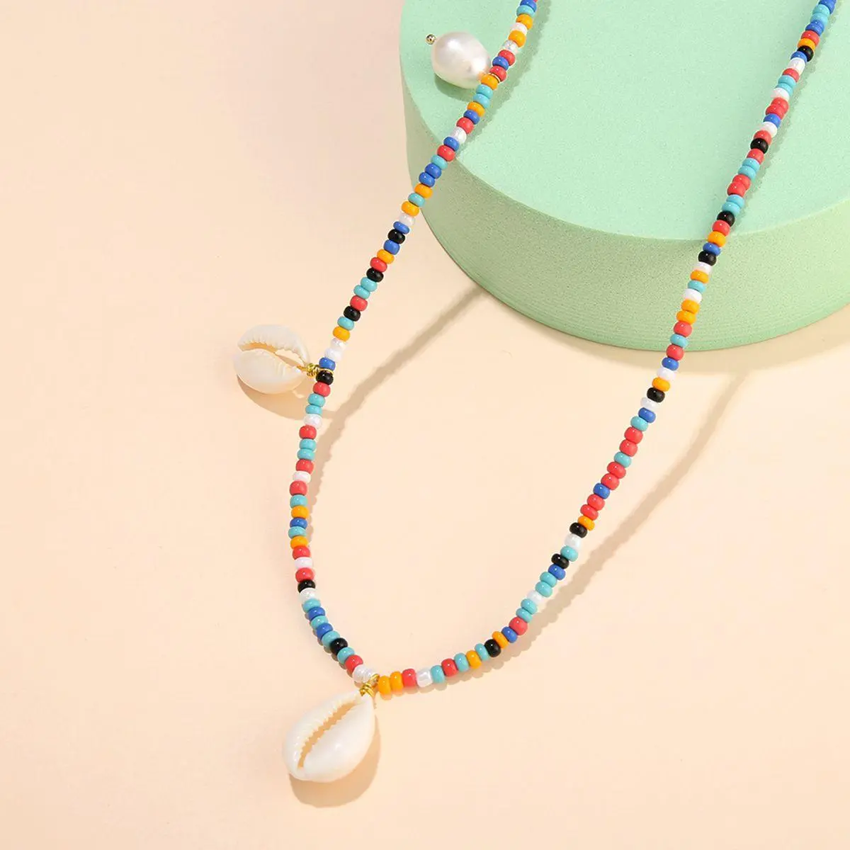 Colorful Beaded Shell Necklace with Handmade Braided Pearl Rice Beads - Gold - Image 5