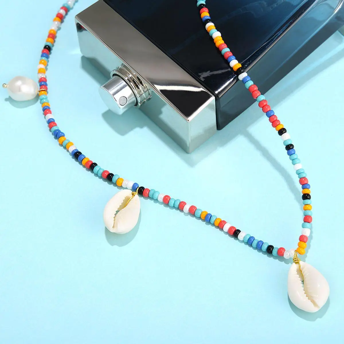 Colorful Beaded Shell Necklace with Handmade Braided Pearl Rice Beads - Gold - Image 6