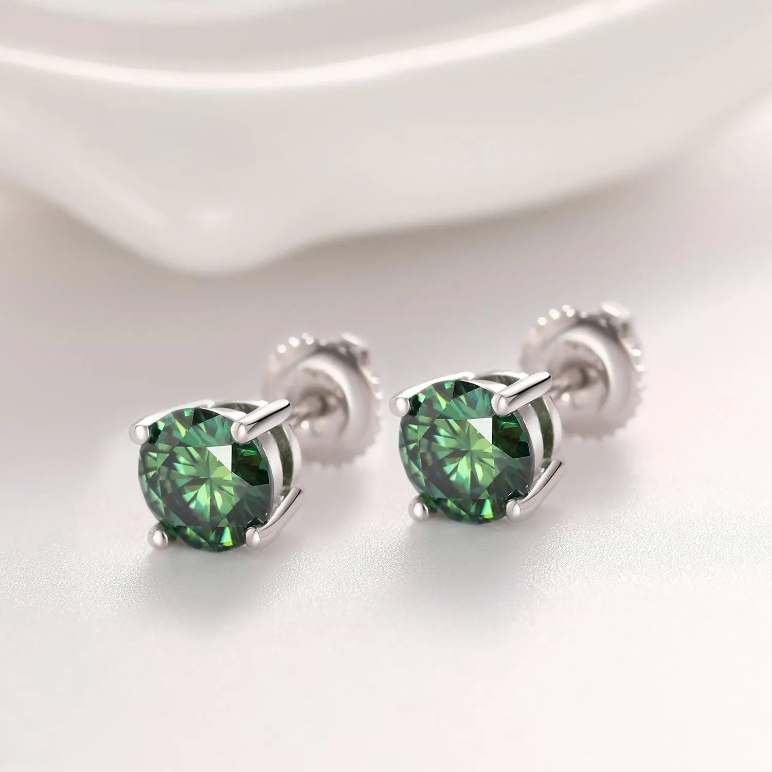 GREEN ROUND 1CT EARRINGS   - White Gold Vermeil - Image 3