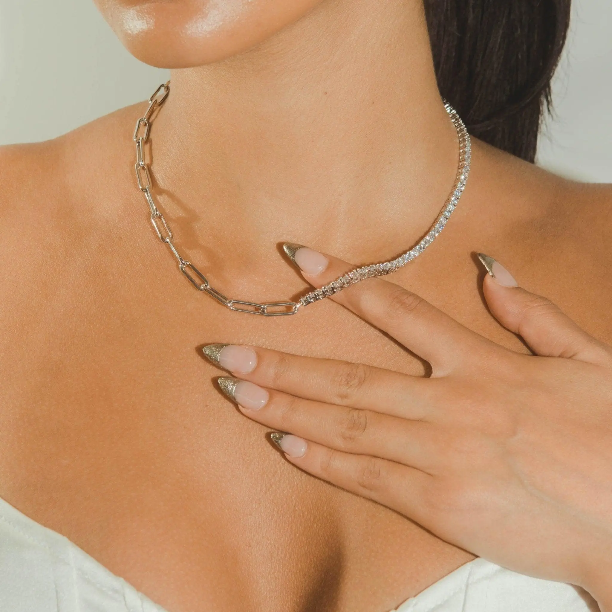 Half Tennis Half Hermes Necklace - White Gold - Image 2