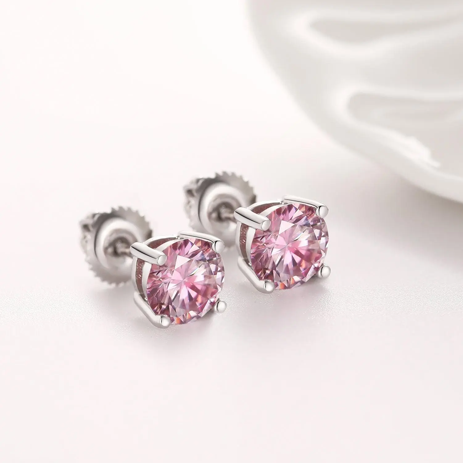 PINK ROUND 1CT EARRINGS   - White Gold Vermeil - Image 3